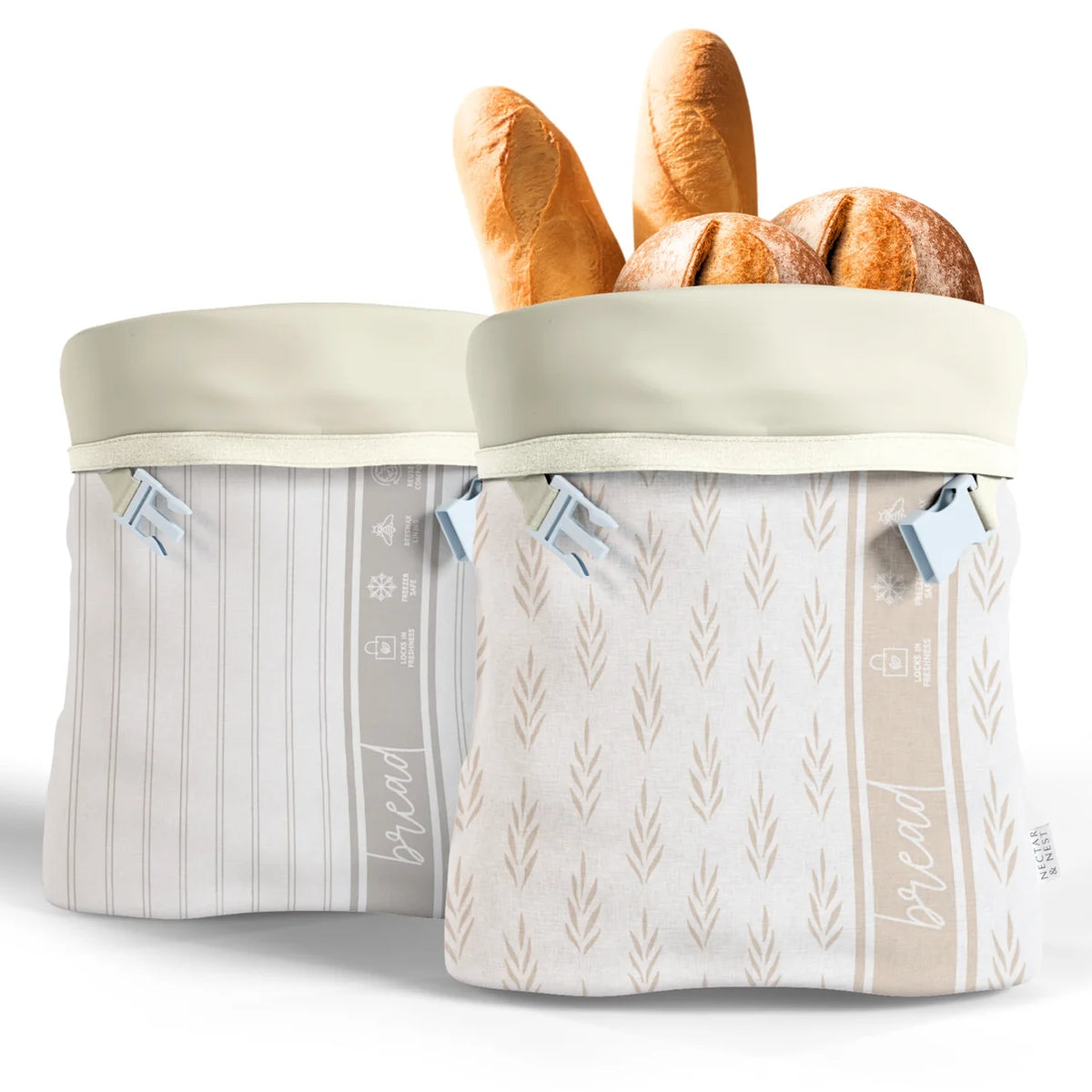 N&N Beeswax Bread Bags s/2 GREY STRIPE [8] NECTAR & NEST